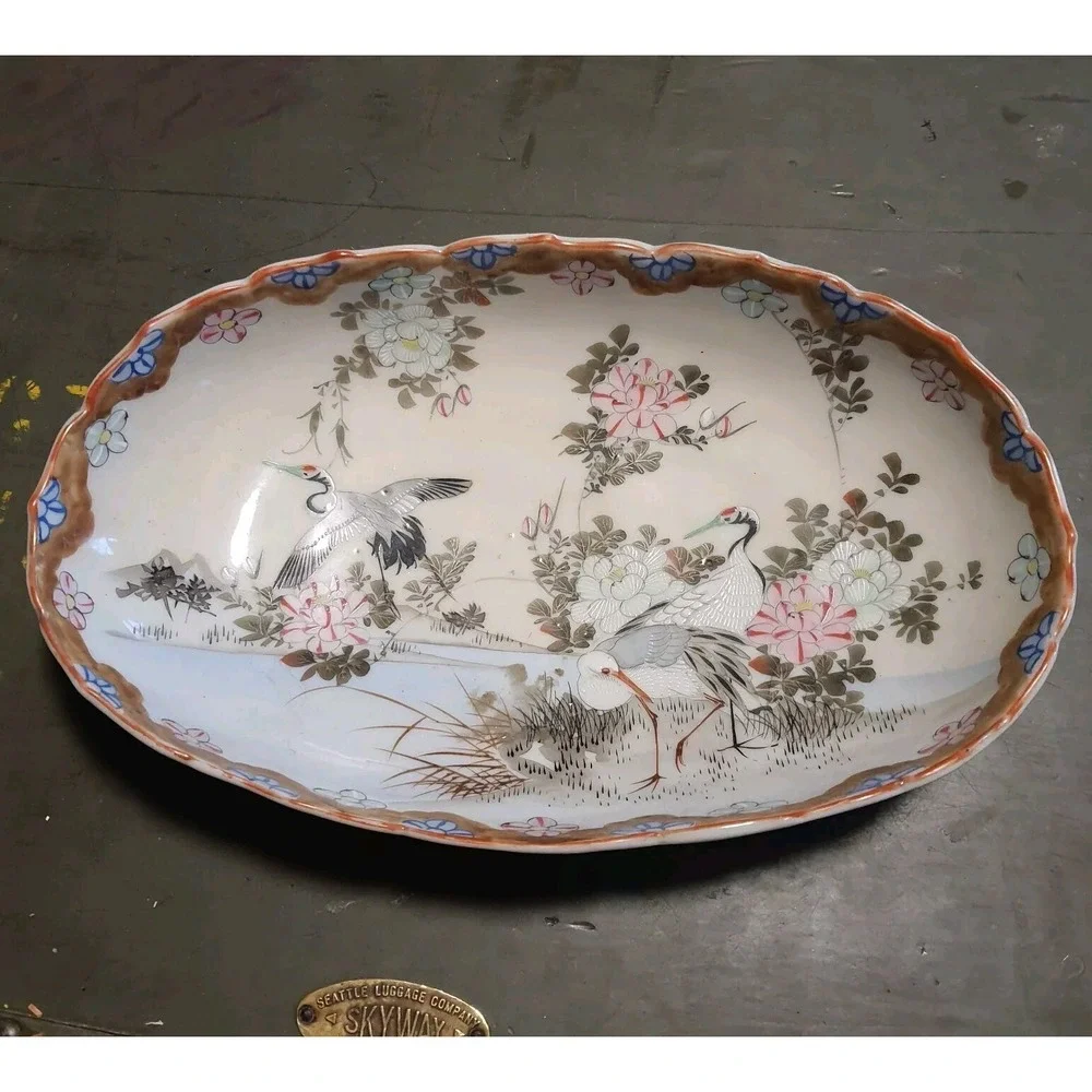 Antique Vintage Hand Painted Chinese Porcelain Bowl / Dish Cranes Flowers Signed